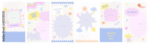 Template for social media collection. Vertical background. Hippie colorful design with positive quotes and fun elements. Baby design. Editable Vector Illustration.