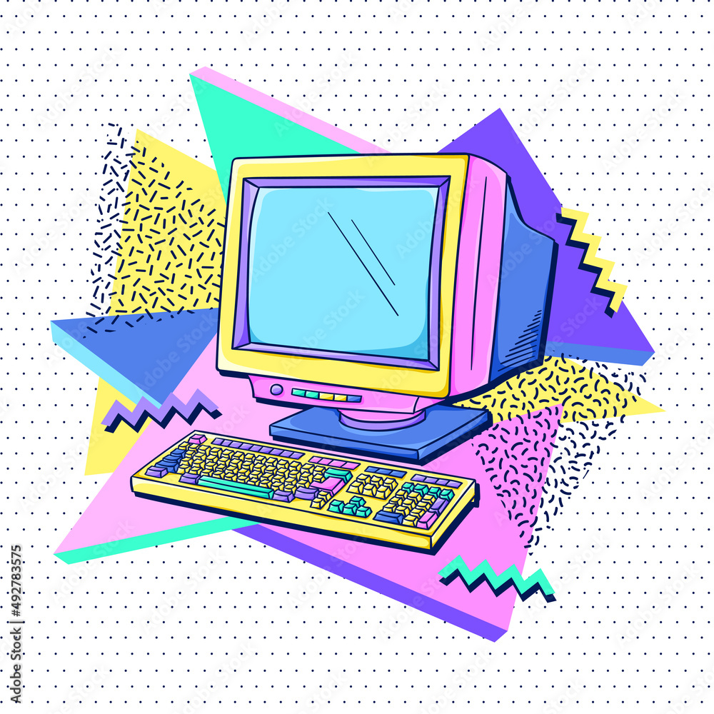 Vettoriale Stock Computer 90s poster. Retro home computer. Personal computer  with keyboard. 1990s trendy illustration. Nostalgia for the 90s. | Adobe  Stock