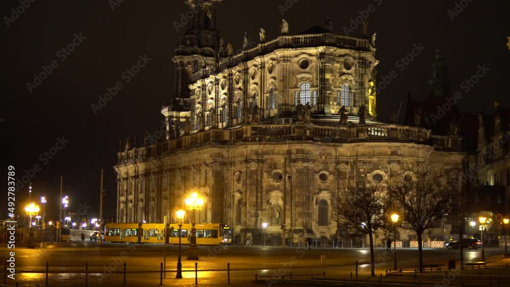 Urban Scenery of Tram in Front of Historical Dresden Castle at Night Urban Scenery of Tram in Front of Historical Dresden Castle at Night