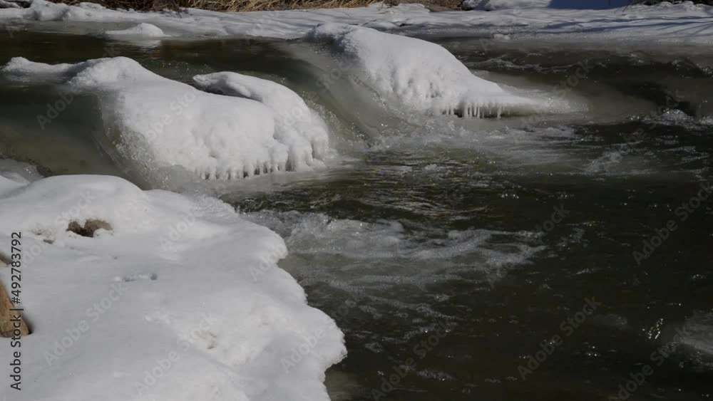 Water flowing in the partly frozen river in the cold winter Water flowing in the partly frozen river in the cold winter