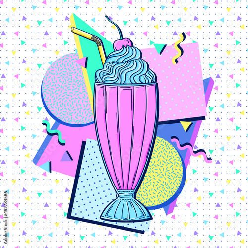 90s style milkshake poster. Retro sweet ice cream dessert pop art vector. 90s style vector. 1990s trendy illustration. Nostalgia for the 90s.