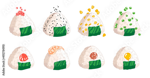 Vector illustration of Onigiri. Japanese fast food made of rice with stuffing, molded in the form of a triangle in nori seaweed.