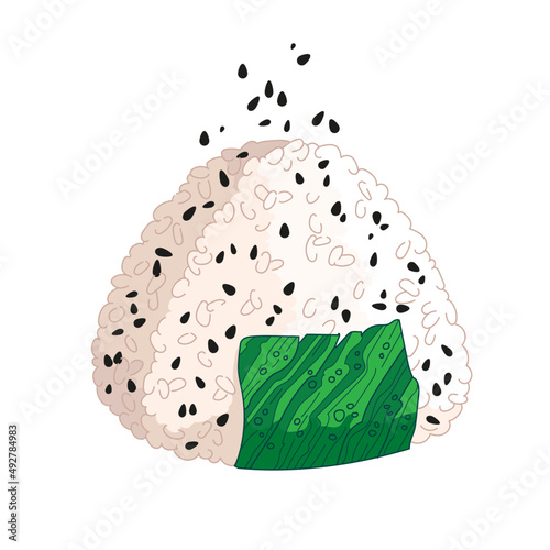 Vector illustration of Onigiri. Japanese fast food made of rice with stuffing, molded in the form of a triangle in nori seaweed.