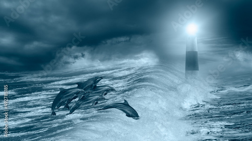 Photography Group of dolphins jumping on the water with lighthouse - Beautiful seascape and