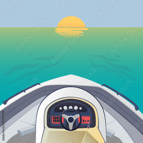 Front of yacht running in the sea, driving a speedboat to the horizon