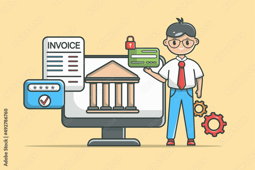 Online banking concept in flat line design. Financial service color outline scene. Man holding credit card while standing by computer with bank site and pays invoice. Vector illustration with web icon