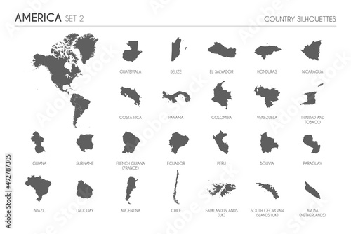 Set of 24 high detailed silhouette maps of American Countries and territories, and map of America vector illustration.