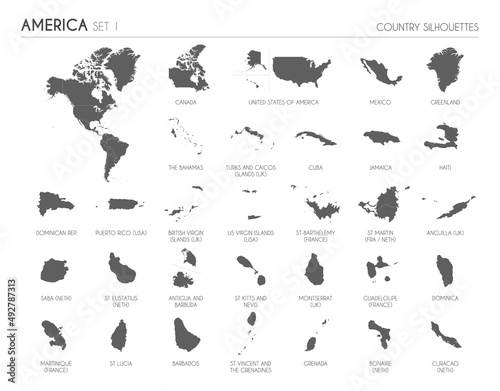 Set of 30 high detailed silhouette maps of American Countries and territories, and map of America vector illustration. © asantosg