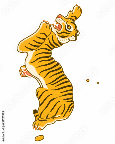 A map of the Korean Peninsula in the shape of a tiger. Vector line art illustration.