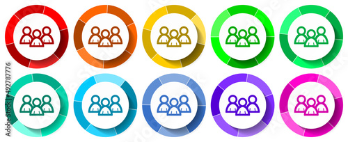 People icon set, group flat design vector illustration in 10 colors options for mobile applications and webdesign