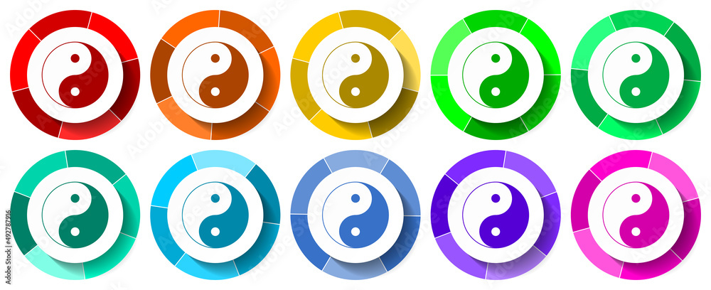 Ying yang icon set, religion flat design vector illustration in 10 colors options for mobile applications and webdesign Ying yang icon set, religion flat design vector illustration in 10 colors options for mobile applications and webdesign