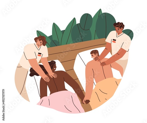 Love couple relaxing at back massage in SPA and beauty salon. Happy man and woman lying on couches during wellness partners treatment together. Flat vector illustration isolated on white background
