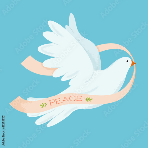 Flying pigeon of peace with ribbon bringing peace on blue background. Conceptual illustration symbol of no war, world peace. Vector background for International Day of Peace. 