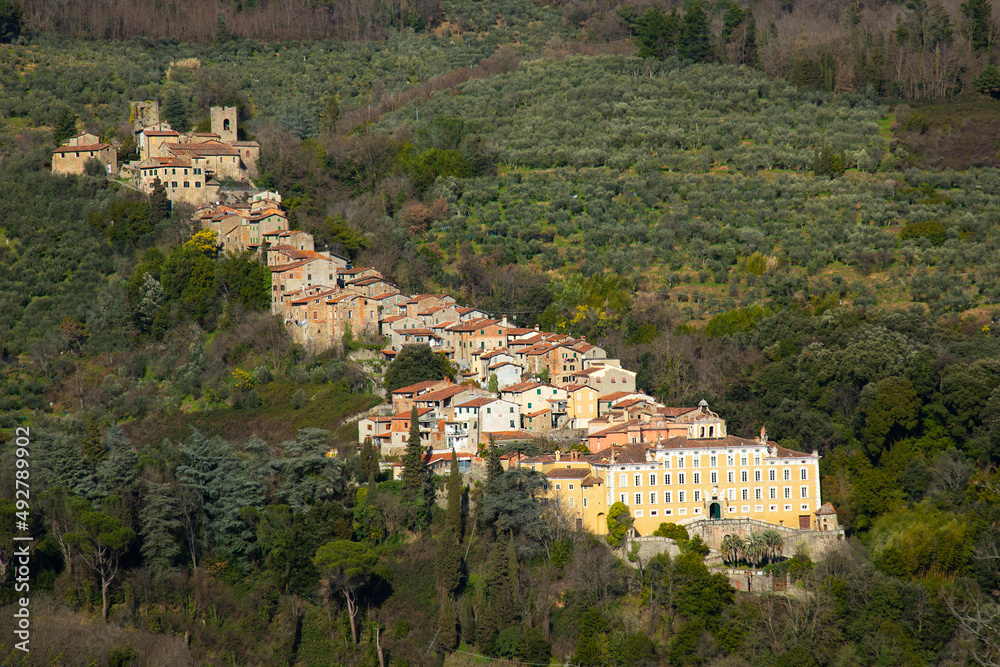 The view of the town Collodi with the Villa Garzoni in front