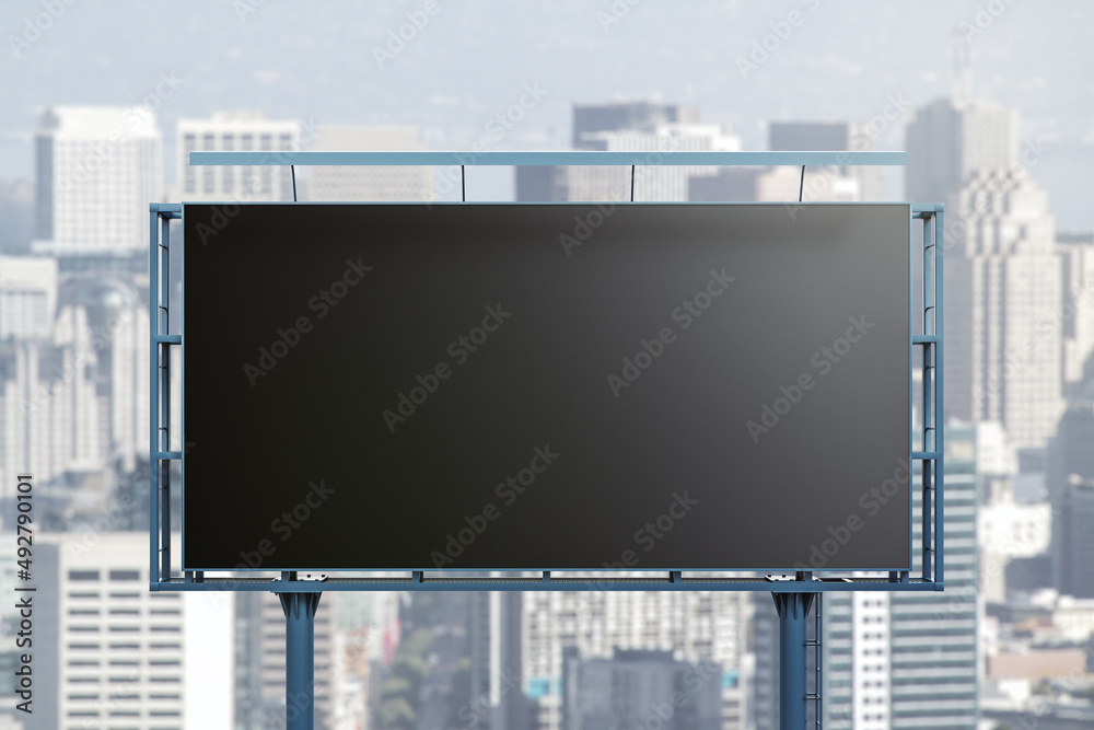 Blank black horizontal billboard on skyline background, front view. Mock up, advertising concept Blank black horizontal billboard on skyline background, front view. Mock up, advertising concept