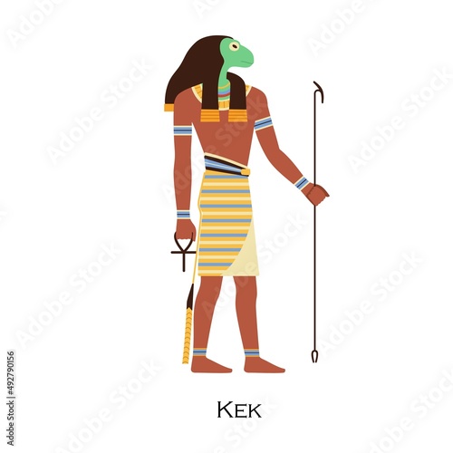 Kek, old Egyptian god. Ancient Egypts deity with frog headwear on head. History and religion character profile. Mythology person. Flat vector illustration isolated on white background