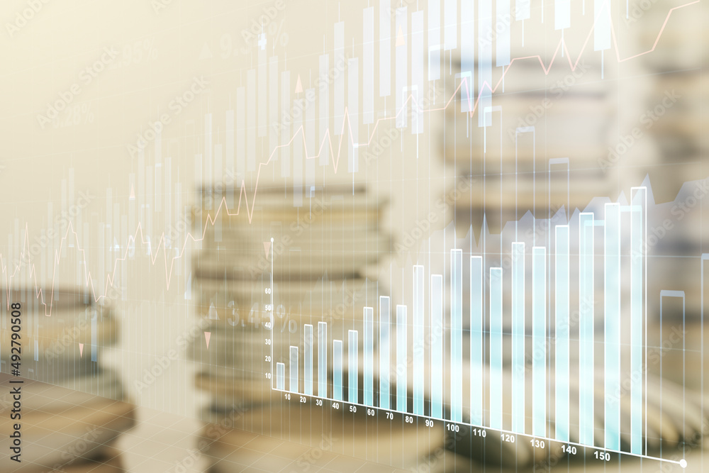 Multi exposure of virtual abstract financial graph interface on coins background, financial and trading concept Multi exposure of virtual abstract financial graph interface on coins background, financial and trading concept