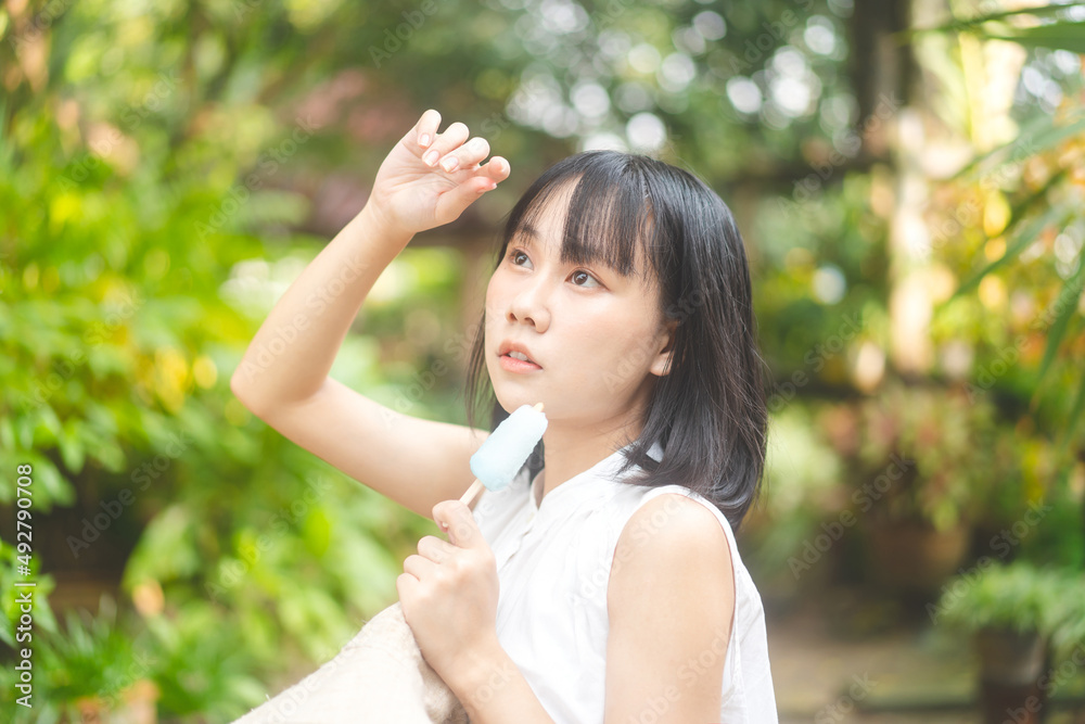 Portrait happy asian teenager woman on summer season with sunlight. Portrait happy asian teenager woman on summer season with sunlight.