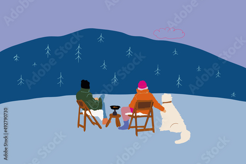 Man and woman sitting on chairs with a dog at picnic, enjoying view on snowy mountains. Concept of rest on nature. Vector illustration