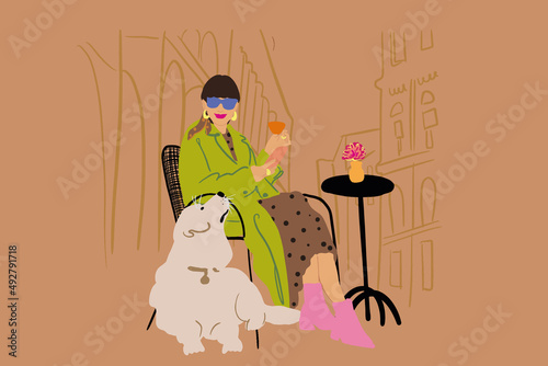 Young stylish woman drinks cocktail while sitting with her dog at cafe terrace on urban background. Concept of French style and leisure time with adorable white dog. Vector illustration