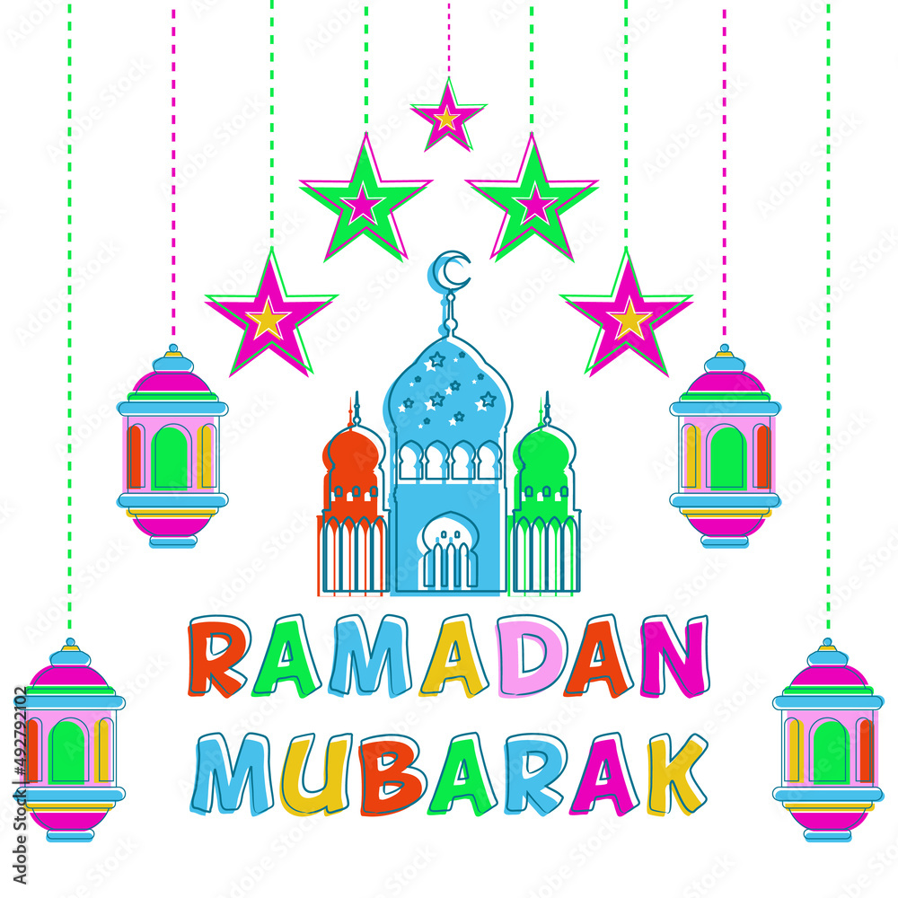 Ramadan Kareem design with multicolored ornaments, lanterns, moon, and stars