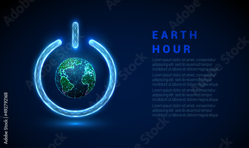 Abstract blue glowing planet Earth in power button photo