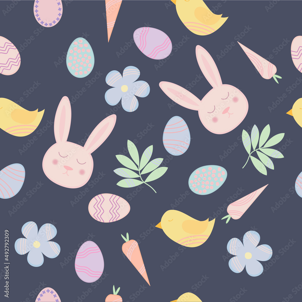 Seamless easter pattern with rabbit, carrot, chick, flower, leaves and eggs on darck background