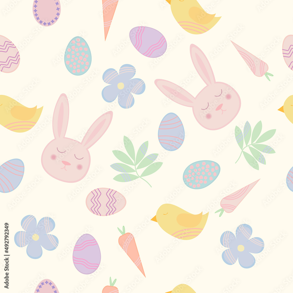 Seamless easter pattern with rabbit, carrot, chick, flower, leaves and eggs on beige background
