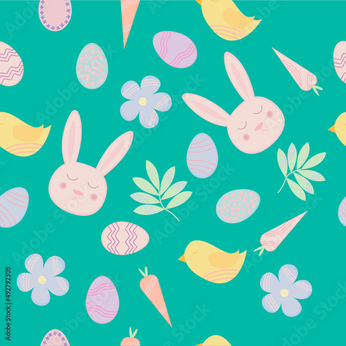Seamless easter pattern with rabbit, chick, carrot, flower, leaves and eggs on blue background