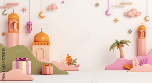 Islamic decoration background with mosque crescent moon, lantern, gift box, leaves cartoon style, ramadan kareem, mawlid, iftar, isra miraj, eid al fitr adha, muharram, copy space, 3D illustration.