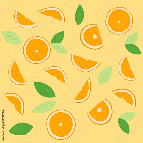 Pattern oranges sliced, half, cut oranges with orange's green leaves on yellow background