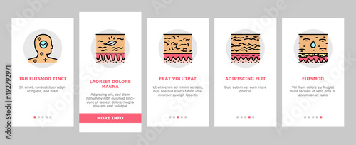 Skin Care Cosmetology And Treat Onboarding Mobile App Page Screen Vector. Allergy And Normal Skin Moisturizing With Cream And Patch Cosmetic Accessories . Colloidal Oatmeal And Sebum Illustrations