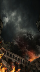 Medieval bridge on fire after explosion. Scary and mystic theme. Conceptual background for your design, poster, ad. Wallpaper for gadget screen