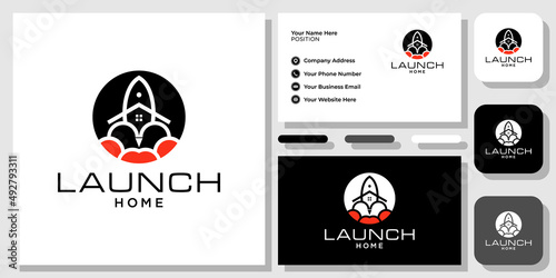 launch home rocket house innovation brand property with business card template 
