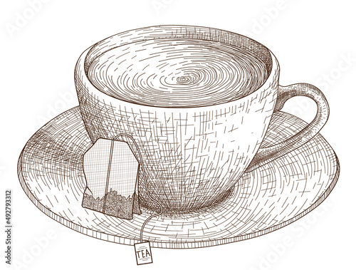 Vector illustration graphic linear cup of tea on saucer and tea bag in engraving style
