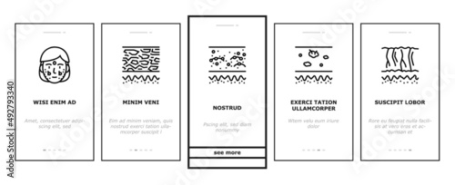 Skin Care Cosmetology And Treat Onboarding Mobile App Page Screen Vector. Allergy And Normal Skin Moisturizing With Cream And Patch Cosmetic Accessories . Colloidal Oatmeal And Sebum Illustrations