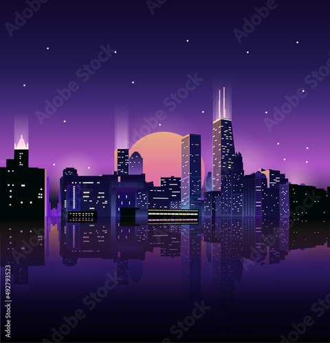 Night city panorama with moon and neon glow on dark background. Futuristic cityscape with glowing neon purple and blue lights. City skyline. Vector illustration with megapolis, skyscrapers, buildings.