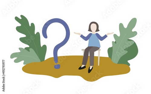 A person with arms spread out to the sides and a large question mark next to him means a feeling of confusion and the need to make a choice. Flat vector illustration