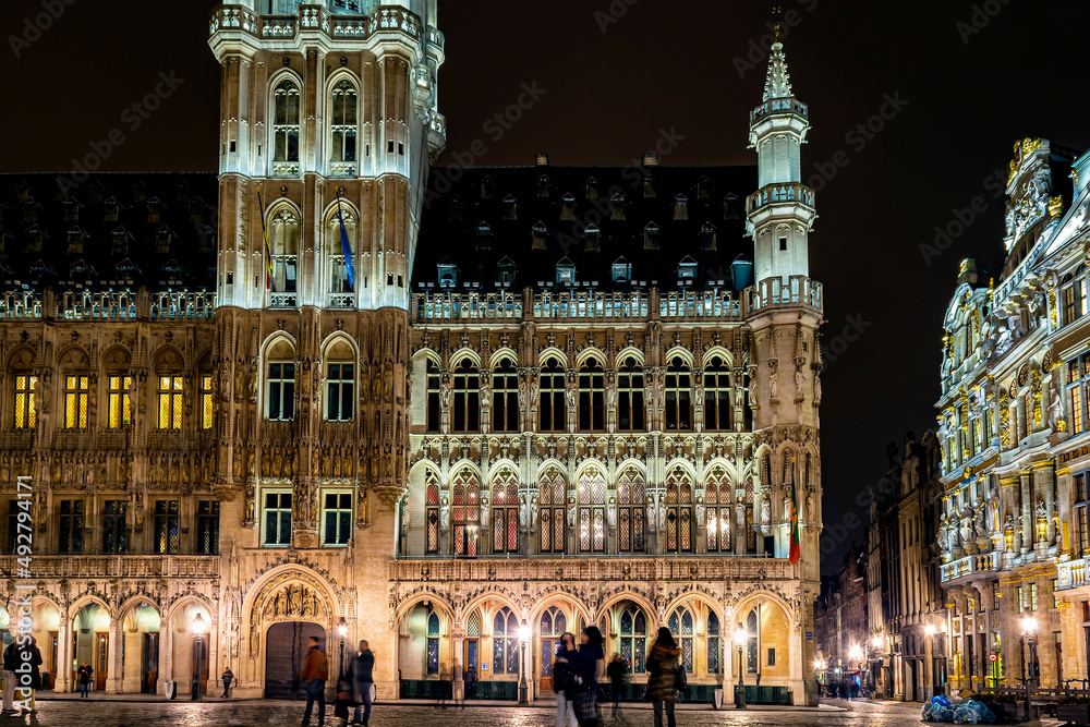 Brussels Town Hall in Grand Place  at night. Grand Place is the central square of Brussels capital city, surrounded by opulent guildhalls.