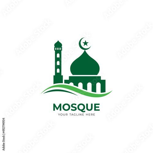 simple green mosque logo design, modern islamic logo with wavy element template vector
