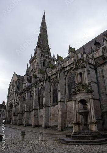 Autun, France - February 22 , 2022: The Cathedral of Saint Lazarus of Autun is a Roman Catholic cathedral in the Bourgogne-Franche-Comte. Cloudy winter day. Selective focus. © Maurizio