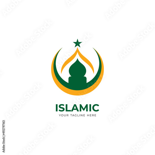 simple islamic logo design, modern islamic logo with mosque, moon and star shape vector