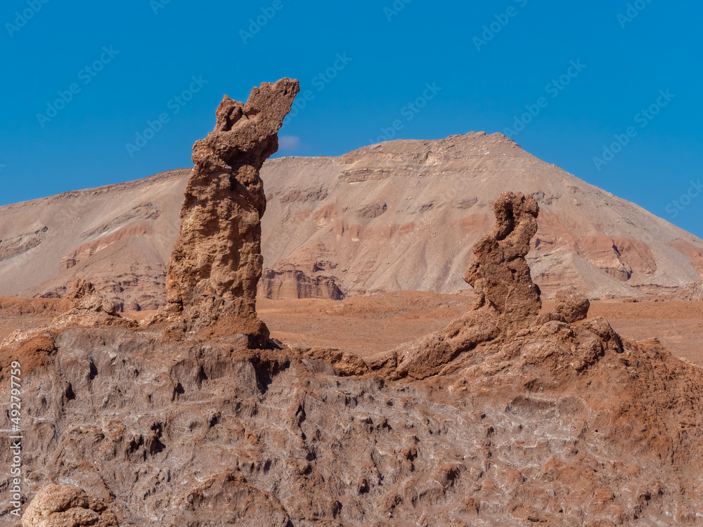 Monjes de la Pacana. Awe-inspiring geological formations in the shape of huge pillars said to be monks guarding the entrance to the Tara Salar (salt flat) and Pacana caldera