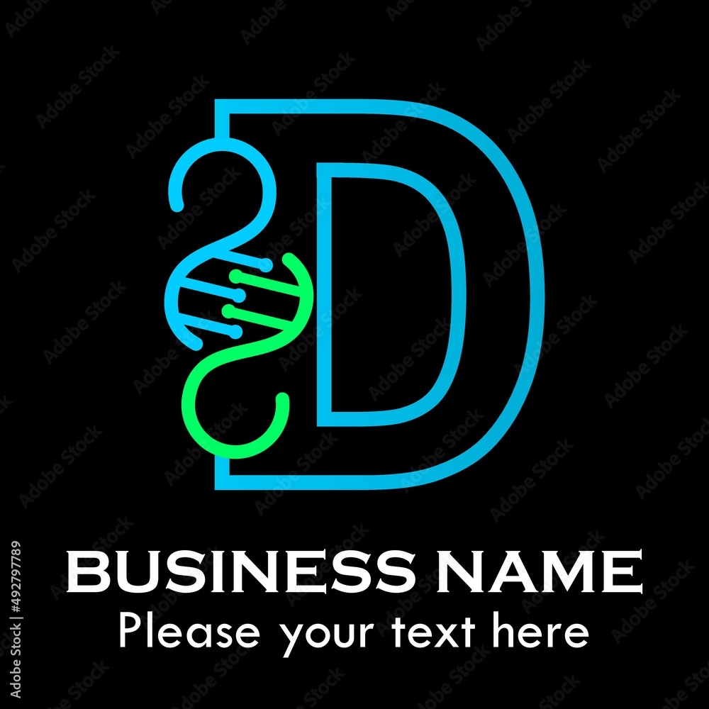 Fototapeta premium Letter d DNA logo template. Design with chromosome symbol. Suitable for research, science, medical, logotype, technology, lab, molecule, protein, nucleus etc