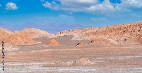 Stunning desert landscapes in the Valley of Moon  Valle de la Luna   San Pedro de Atacama  Chile. Unique rock formations  cliffs sand dunes with infinite color and texture variations.