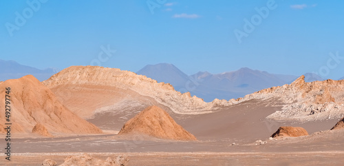 Stunning desert landscapes in the Valley of Moon  Valle de la Luna   San Pedro de Atacama  Chile. Unique rock formations  cliffs sand dunes with infinite color and texture variations.