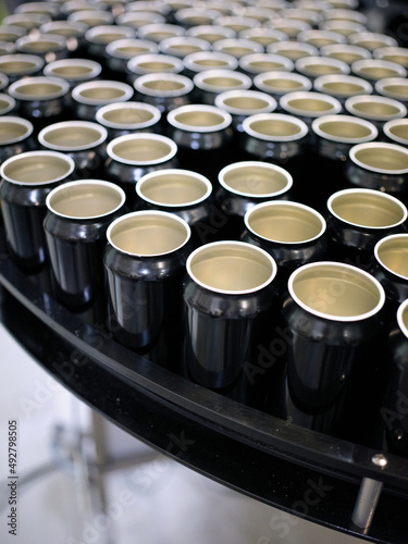 Vertical photo of a raw of beer cans on a platform of a brewery packaging plant