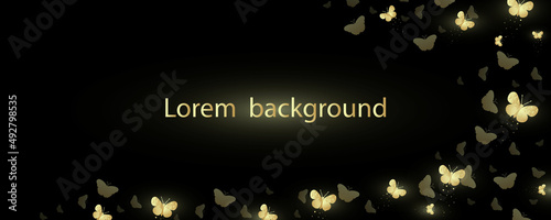 Valokuva Banner with decorative shining golden butterflies on a black background
