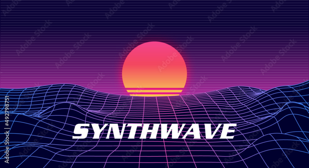 Landscape skyline with neon light grid, sun and mountains. Sci-fi, futuristic illustration. Retrowave, synthwave or vaporwave 80's