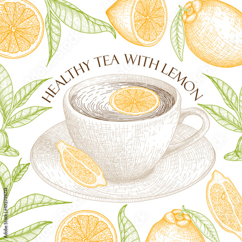 Vector illustration banner template with graphic linear tea with lemon in a cup in engraving style